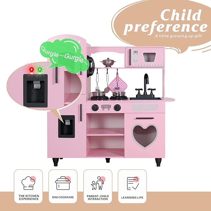 TaoHFE Play Kitchen, Pink Kids Kitchen Set for Girls Kitchen Set for Kids Ages 6-8 Gift Toddler Kitchen Set for Kids Age 3+ Kids Kitchen Playset with Lights & Sounds Wooden Toy Kitchen Playset Gift