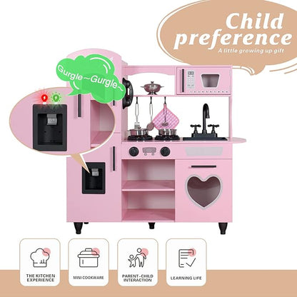 TaoHFE Play Kitchen, Pink Kids Kitchen Set for Girls Kitchen Set for Kids Ages 6-8 Gift Toddler Kitchen Set for Kids Age 3+ Kids Kitchen Playset with Lights & Sounds Wooden Toy Kitchen Playset Gift