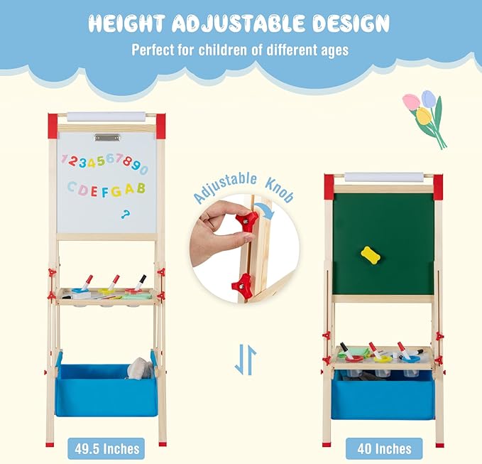 HONEY JOY Easel for Kids, Wooden Height Adjustable Double-Sided Toddler Easel w/Magnetic Chalkboard & White Board, Paper Roll, 60+ Painting Accessories, Magnetic Letters, Art Easel for Boys Girls