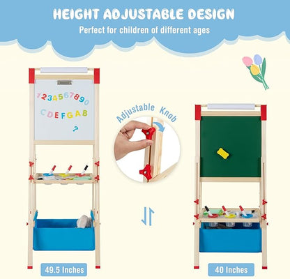 HONEY JOY Easel for Kids, Wooden Height Adjustable Double-Sided Toddler Easel w/Magnetic Chalkboard & White Board, Paper Roll, 60+ Painting Accessories, Magnetic Letters, Art Easel for Boys Girls