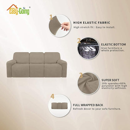 Easy-Going 8 Pieces Microfiber Stretch Sectional Recliner Sofa Slipcover Soft Fitted Fleece 3 Seats Couch Cover Washable Furniture Protector with Elasticity for Kids Pet(Recliner Sofa, Natural)