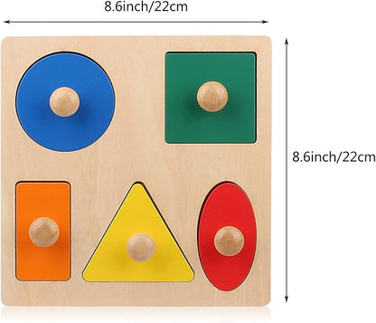 Montessori Wooden Puzzle Board Knob Wooden Puzzle Geometric Shape Puzzle Early Education Material Sensorial Toy for Toddler Shape & Color Sorter (5 Geometry Shape)