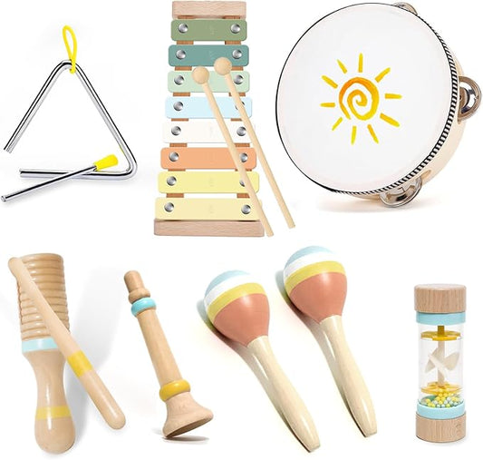 Musical Instruments for Toddlers 1-3, Wooden Montessori Musical Toys Set for Baby 1 Year Old with Boho Xylophone/Drum, Kids Preschool Educational Christmas Birthday Gifts for Girl Boy