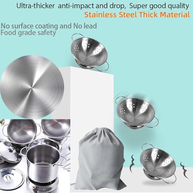 Mini Kids Stainless Steel Cookware Kitchen Cooking Toys Pretend Utensils with Cookware Play Pots and Pans Playset ,Cooking Utensils Pot Rack Organizer Storage Bag for Toddlers (Tiny Size)