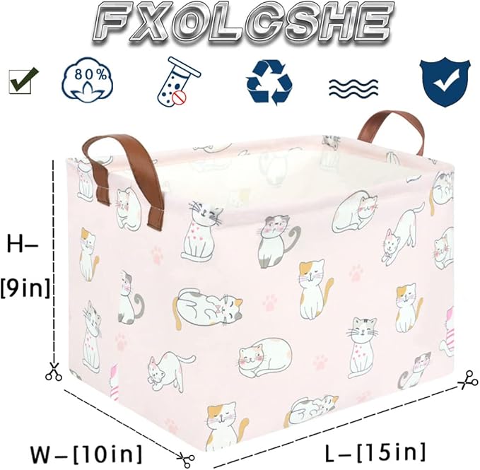 FXOLCSHE Rectangular Pink Cat Baskets,Cute Kids Toy Storage Basket Bin,Pink Gift Organizer,Toys Box,Toy Organizer,Baby Nursery,Empty Rectangular Cat Room Decor(Pink Cats)