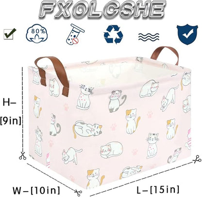 FXOLCSHE Rectangular Pink Cat Baskets,Cute Kids Toy Storage Basket Bin,Pink Gift Organizer,Toys Box,Toy Organizer,Baby Nursery,Empty Rectangular Cat Room Decor(Pink Cats)