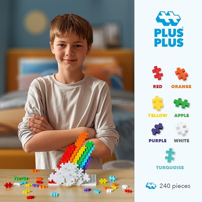 PLUS PLUS 240 Piece Interlocking Building Blocks for Kids, Open Ended Connecting Toys, STEM Bin Classroom Mini Manipulatives - Rainbow Mix Play Tube