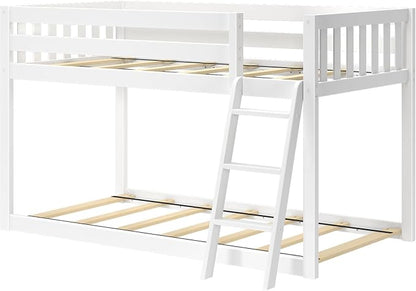 Max & Lily Fundamental Twin Low Bunk Bed, Kids Solid Wood Modern Bed Frame with Strong Wooden Slats, Non-Toxic Finishes, High Weight Capacity, White