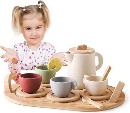 Tea Party Set for Little Girls,Wooden Tea Set,Princess Tea Time Sets for Kids Best Gifts for Toddler with Silicone Teapot Cups Wood Tray Scoop,Dishwasher Safe