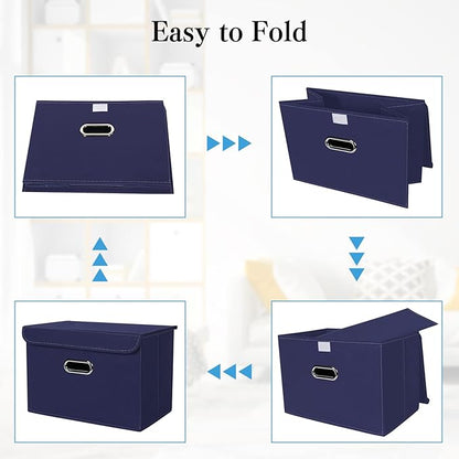 STOREONE Fabric Storage Cube Bins Foldable Organizer Container Collapsible Basket with Lids and Metal Handles, for Home, Bedroom, Closet 8 Pcs (Navy Blue)