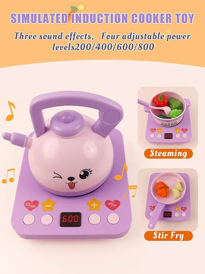 Kids Play Kitchen Accessories, Pretend Play Toys for Kitchen, Play Pots and Pans Sets for Kids Kitchen, Toddler Cooking Set for Boys and Grils Aged 3 4 5 6(Purple)