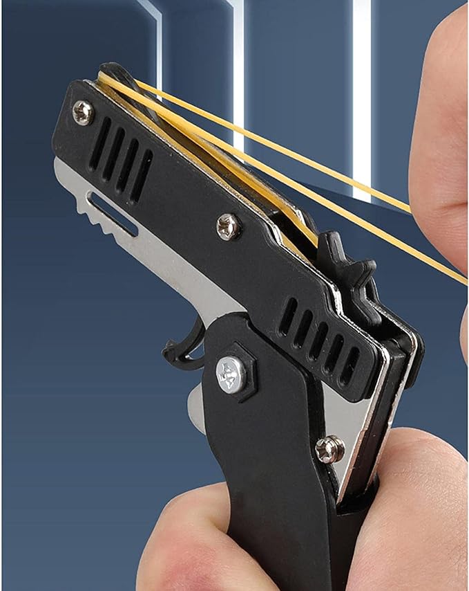 Kids Toys Cool Keychain Rubber Band Mini Metal Folding Rubber Launcher Toy with 60 Elastic Rubber Bands for Game Outdoor Activities (Black)