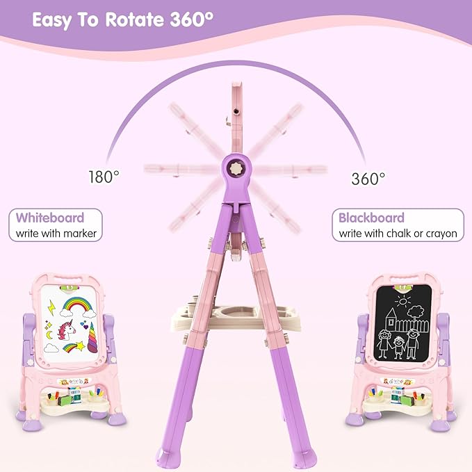 Kids Art Easel, Adjustable Drawing White Board & Chalk Board, Toddler Standing Easel with Painting Accessories, Gift for Girls Boy (Pink)