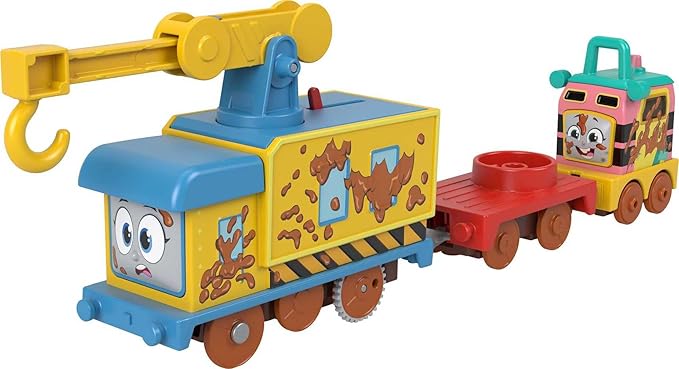 Thomas & Friends Motorized Toy Set Muddy Fix ‘em Up Friends Carly the Crane & Sandy the Rail Speeder for Preschool Pretend Play Kids Ages 3+ Years