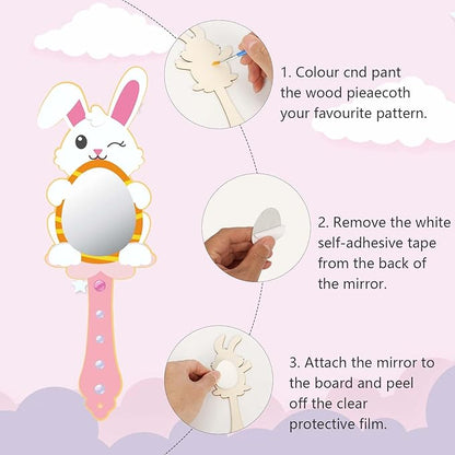 Fennoral 9 Pack Wooden Easter Bunny Craft for Kids Decorate You Own Bunny Mirrors for Girls DIY Paint Hand Mirror for Easter Art Activities Spring Easter Gifts