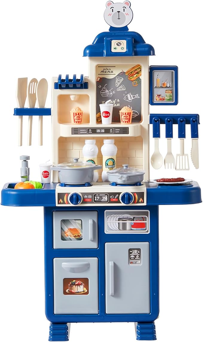 VEVOR Kids Kitchen Playset 48PCS, Pretend Play Kitchen with Cooking Stove with Steam, Sounds and Lights, Play Sink and Play Food, Toy Kitchen Set for Toddlers (Blue) Size 18.5" x 9.4" x 30.7"
