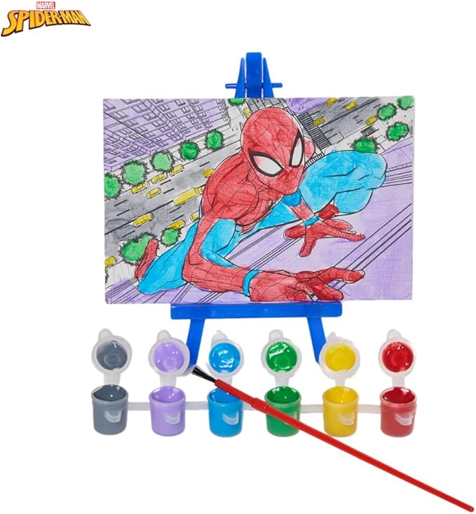 Innovative Designs Marvel Spiderman Canvas Paint Set for Kids with 3 Canvases, Acrylic Paint, Paintbrush, & Easel