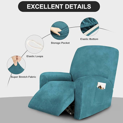 FestiCorp Recliner Chair Covers Real Velvet 4-Pieces Recliner Covers for Small Lazy Boy Recliner Chair Stretch Recliner Sofa Slipcovers Protector with Side Pocket & Elastic Bottom, Peacock Blue
