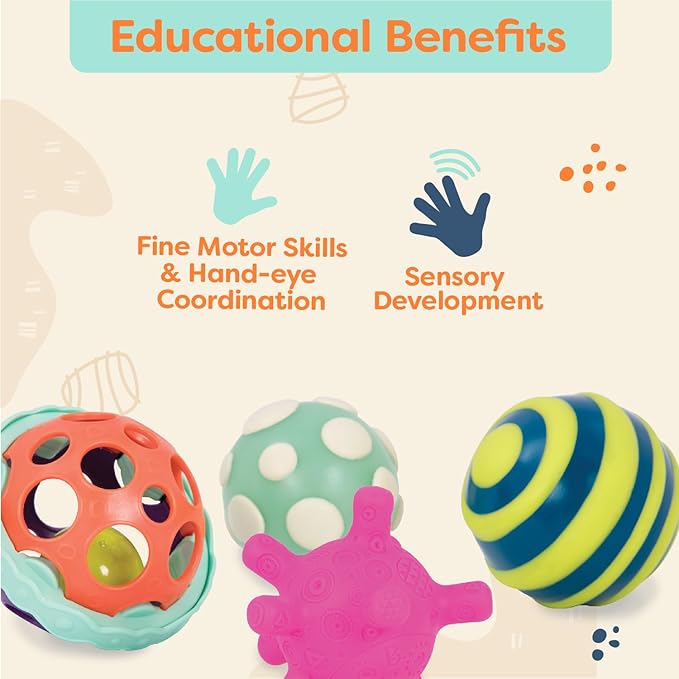 B. toys- B. baby- 4 Sensory Balls – Baby Toys – Developmental Play – Rubber Balls with Textures, Sounds, Lights – Ball-a-baloos- 6 Months +