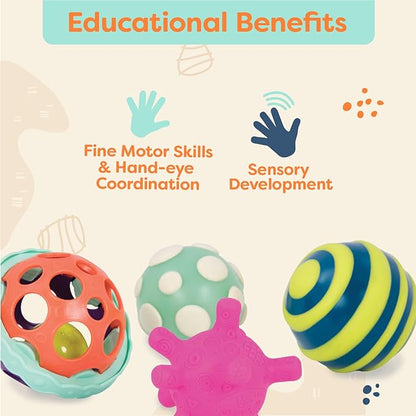 B. toys- B. baby- 4 Sensory Balls – Baby Toys – Developmental Play – Rubber Balls with Textures, Sounds, Lights – Ball-a-baloos- 6 Months +
