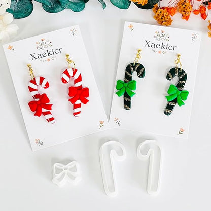 Xaekicr Christmas Candy Cane Polymer Clay Cutters – 3pcs Holiday Clay Earring Cutters Set for DIY Jewelry Making, Cute Bow and Candy Shapes, Clay Tools and Polymer Clay Molds