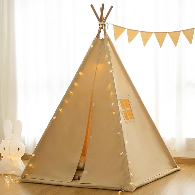 RongFa Teepee Tent for Kids-Portable Children Play Tent Indoor Outdoor (Apricot with Mat)