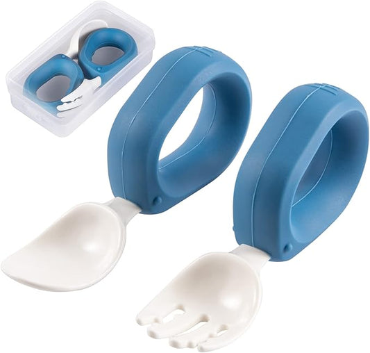 Baby Self Feeding Training Spoon and Fork Set with Travel Case, BPA-Free Cute Circle Toddler Training Utensils, Silicone/ABS Great Tableware Set Spoons Fork for Kids (Blue)