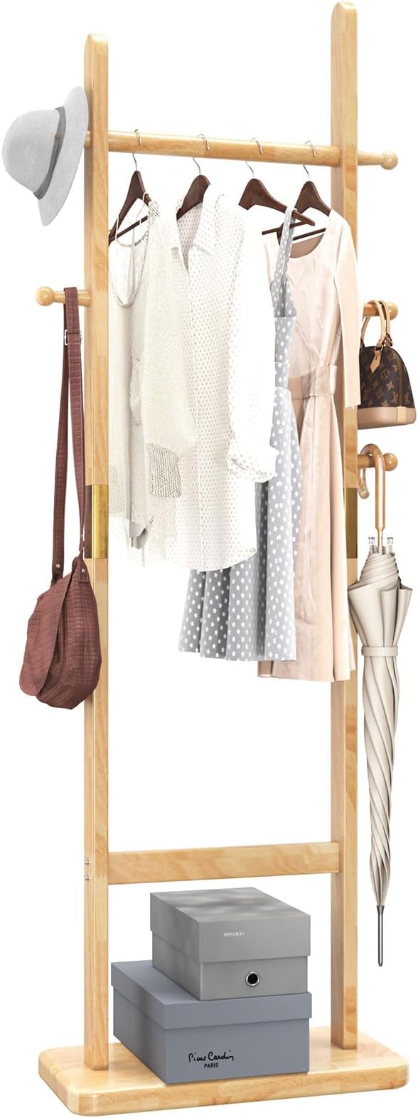 Coat Rack Freestanding, Coat Tree with 2 Main Rods and Stable Design, Clothes Racks for Hanging Coats Clothes Suits Jacket, Easy to Assemble and Very Sturdy, Natural Wood Color USYD-202