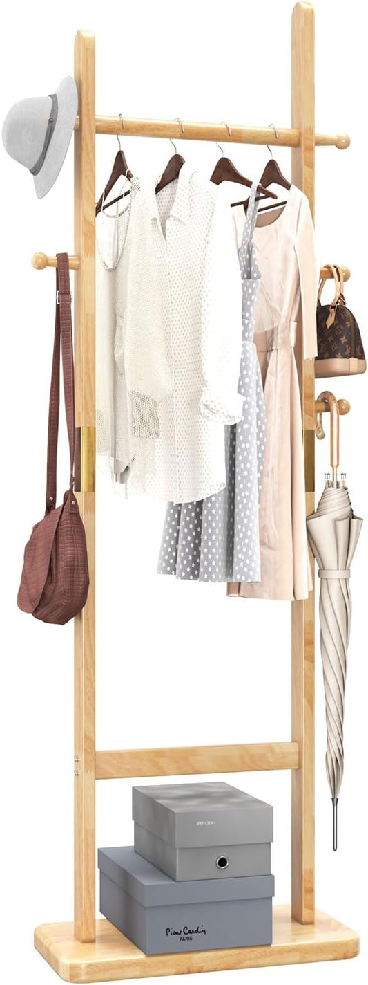 Coat Rack Freestanding, Coat Tree with 2 Main Rods and Stable Design, Clothes Racks for Hanging Coats Clothes Suits Jacket, Easy to Assemble and Very Sturdy, Natural Wood Color USYD-202