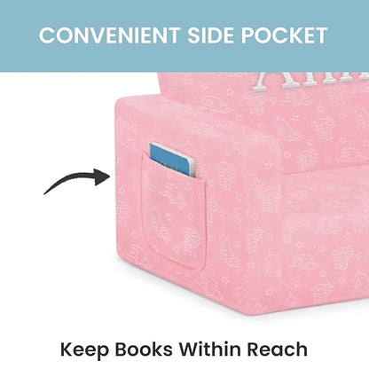 Delta Children Serta Perfect Sleeper Personalized Extra Wide Convertible Sofa to Lounger, Comfy 2-in-1 Flip Open Couch/Sleeper for Kids, Pink