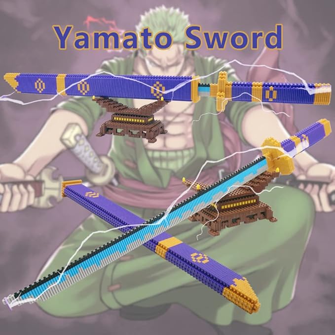 Cosplay Anime ONE Piece Zoro Swords Building Blocks Set, 22.8in Samurai Katana Zoro Sword Building Blocks with Scabbard & Stand, Cartoon Roronoa Yamato Sword Model