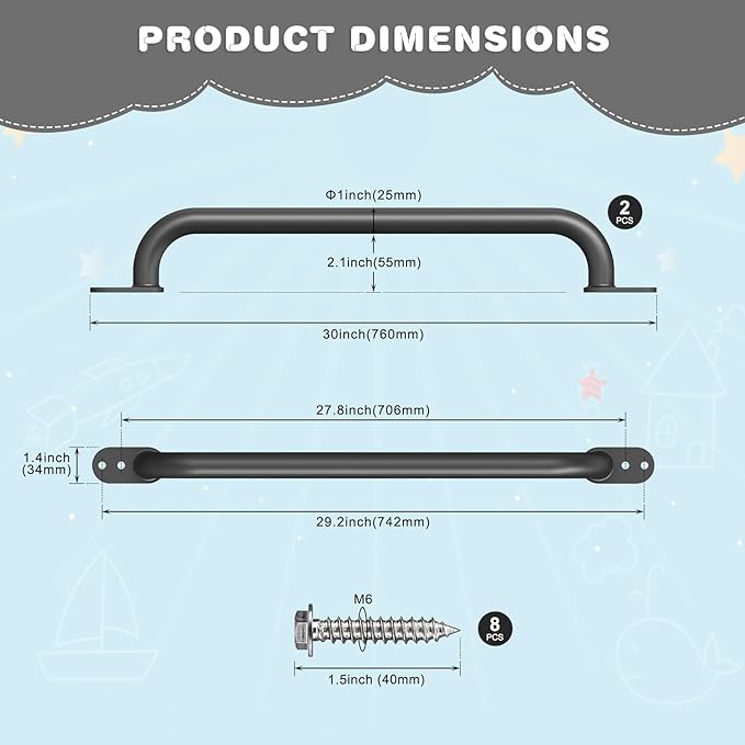 Dolibest 30 Inch Metal Safety Handles, Playground Ladder Handle, Long Grab Handles for Kids Playhouse, Treehouse, Rock Climbing Wall, Swing Set Accessories, Indoor & Outdoor Use (2PCS)-Black