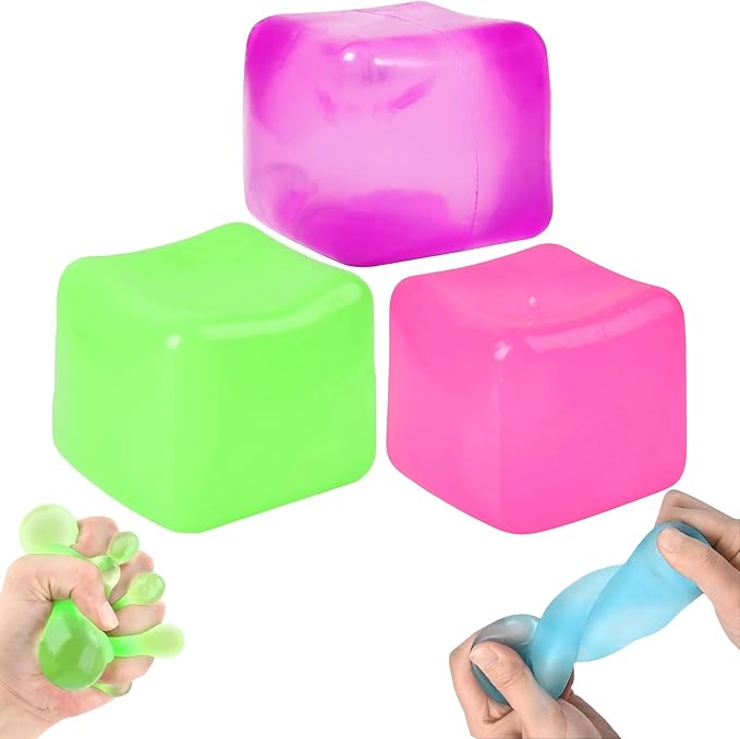3Pcs Stress Cube Squishy Toys, Slow Rising Ice Cube Stress Balls, Sensory Fidget Toys for Anxiety Relief, Sensory Ice Cube Gel Filled Squishy Ball Toys for ADD/ADHD Kids Adults(Purple,Green,Pink)