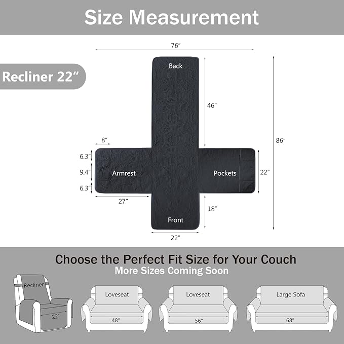 Blue Quilted Recliner Covers, Water-Repellent Recliner Slipcovers, Lazy Boy Chair Covers, Pet Friendly Recliner Cover for Dogs Cats, Washable Furniture Protector (Recliner 22", Blue Gray)