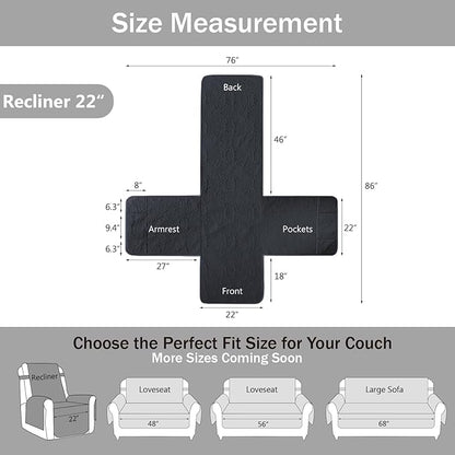 Blue Quilted Recliner Covers, Water-Repellent Recliner Slipcovers, Lazy Boy Chair Covers, Pet Friendly Recliner Cover for Dogs Cats, Washable Furniture Protector (Recliner 22", Blue Gray)