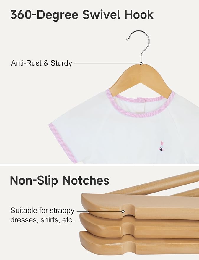StorageWorks Baby Clothes Hangers, Kids Wooden Hangers with Pant Bar, 20-Pack Natural Wood Hangers for Toddler, Children's Coat Hangers for Closet, Solid Maple Wood Hangers, Natural Maple Wood Color