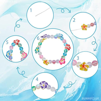 SUNNYCLUE 1 Box 150Pcs 6 Sets Flower Bracelet Making Kit Plumeria Flowers Beads with 10m Crystal String Summer Hawaii Ocean Beach Moonstone Beads for Jewelry Making Adults Supplies Adults Beginner