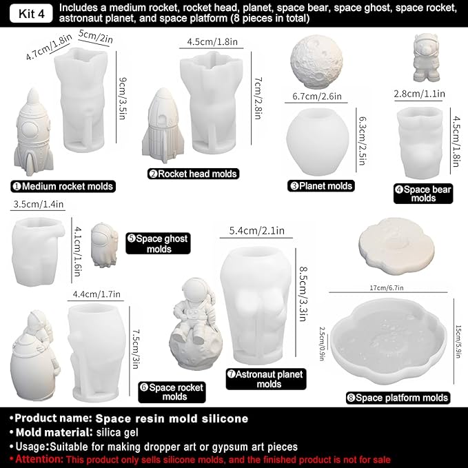 Space Planet Resin Molds Silicone，【8-piece Set】 Epoxy Resin Space Astronaut Silicone molds,3D Resin Spaceballs Molds, Small Rocket Silicone Model, Space Rabbit DIY Gift Sets for Teens (【Kit 4】)
