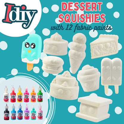 DIY Party Craft Kit Jumbo Dessert Friends Squishies (9 Cute Shapes w 12 Fabric Paints) -White Kawaii Scented Slow Rise Squishy Toys, Scented Stress Relief Craft, Kids Birthday Activity Gift (4"-6")