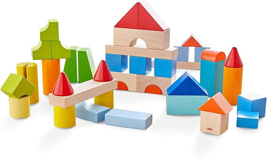 HABA Colored Wooden Building Blocks - 46 Piece Set of Wooden Toys, Stacking Toys for Toddlers 1-3 Ideal Open Ended Toys, Made in Germany