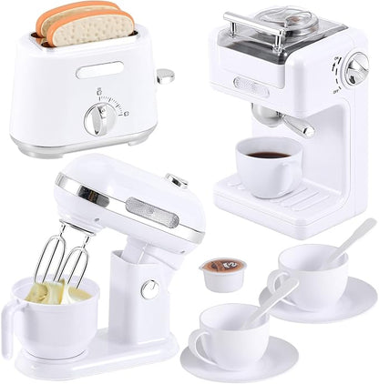 Pretend Play Kitchen Appliances Toy Set, Play Kitchen Accessories for Kids 3-8 with Coffee Maker, Toaster, Mixer with Light and Sound, Birthday Gift for Kids Ages 3 4 5 6 7 8，White