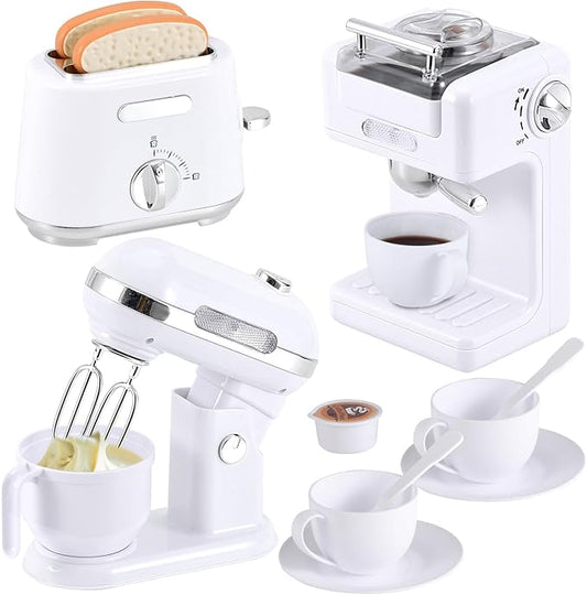 Pretend Play Kitchen Appliances Toy Set, Play Kitchen Accessories for Kids 3-8 with Coffee Maker, Toaster, Mixer with Light and Sound, Birthday Gift for Kids Ages 3 4 5 6 7 8，White