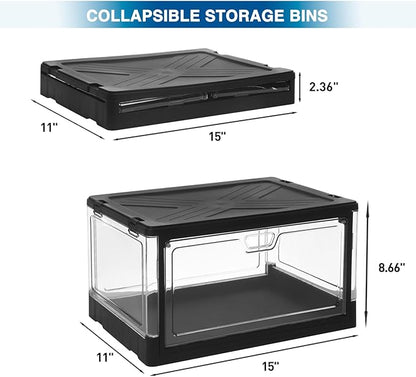 HYBRIDEAS 3-Pack Clear Stackable Storage Bins with Lids Magnetic Doors Open Front Foldable Folding Plastic Craft Containers Large Closet Organizers Box for Bedrooms Living Rooms Study 24 QT