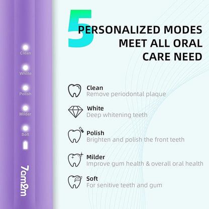 7AM2M Electric Toothbrush for Adults, Sonic Toothbrush with 8 DuPont Brush Heads, Travel Case, Rechargeable, 2-Minute Timer, Purple