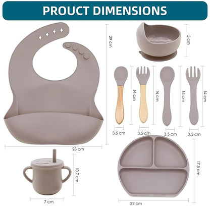 100% Silicone baby feeding set,BPA free Baby dishes set with Suction Bowl Divided Plate,Toddler Self Feeding Dish Set with Spoons Forks Sippy Cup And Bib, Baby Eating Utensils (Beige)