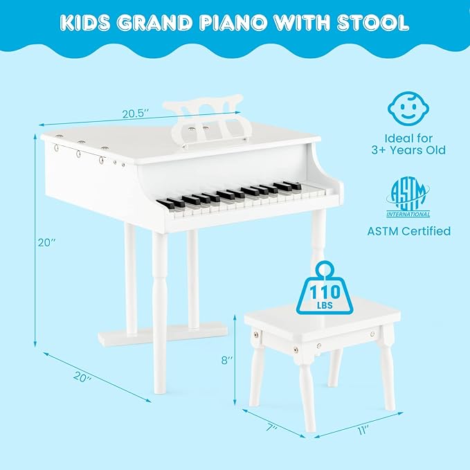 GLACER Classical Kids Piano, 30 Keys Wood Toy Grand Piano w/Bench Music Stand Full-Size Keys, Charming Tones & Sounds, Musical Instrument Educational Toy for Girls and Boys (3 Straight Leg-White)
