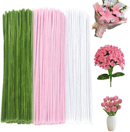 300 Pcs Thick Pipe Cleaners Craft Supplies 3 Assortment Pastel Pink,White,Green Color Chenille Stems for Art and Craft Projects Creative DIY Decorations,Gifts for Mom (Lily color-300pcs)