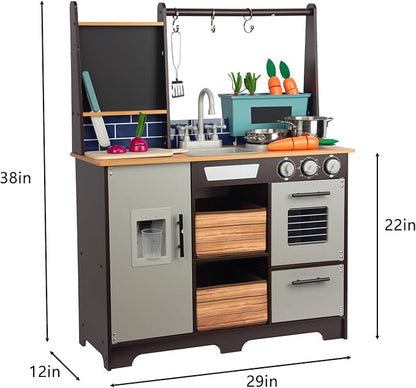 Kitchen Playset for Kids Ages 3-8, Wooden Pretend Play Kitchen with Cooking Accessories and Cutting Play Food, Including Oven, Stove, Faucet, and Sink, Dimensions: 38” H x 29” W x 12” D