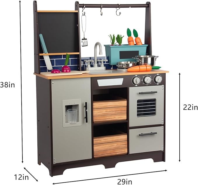 Kitchen Playset for Kids Ages 3-8, Wooden Pretend Play Kitchen with Cooking Accessories and Cutting Play Food, Including Oven, Stove, Faucet, and Sink, Dimensions: 38” H x 29” W x 12” D