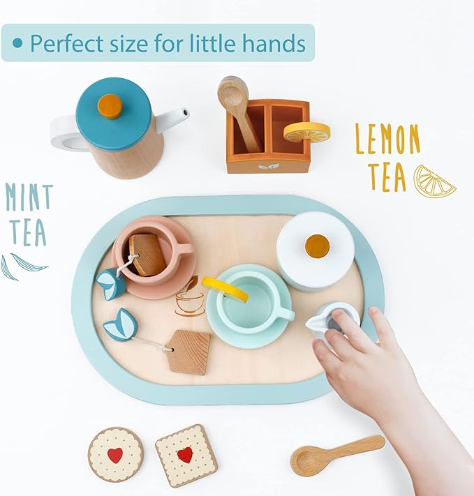 PairPear Wooden Tea Set for Little Girls, Wooden Toys Toddler Tea Set Play Kitchen Accessories for Kids Tea Party with Play Food